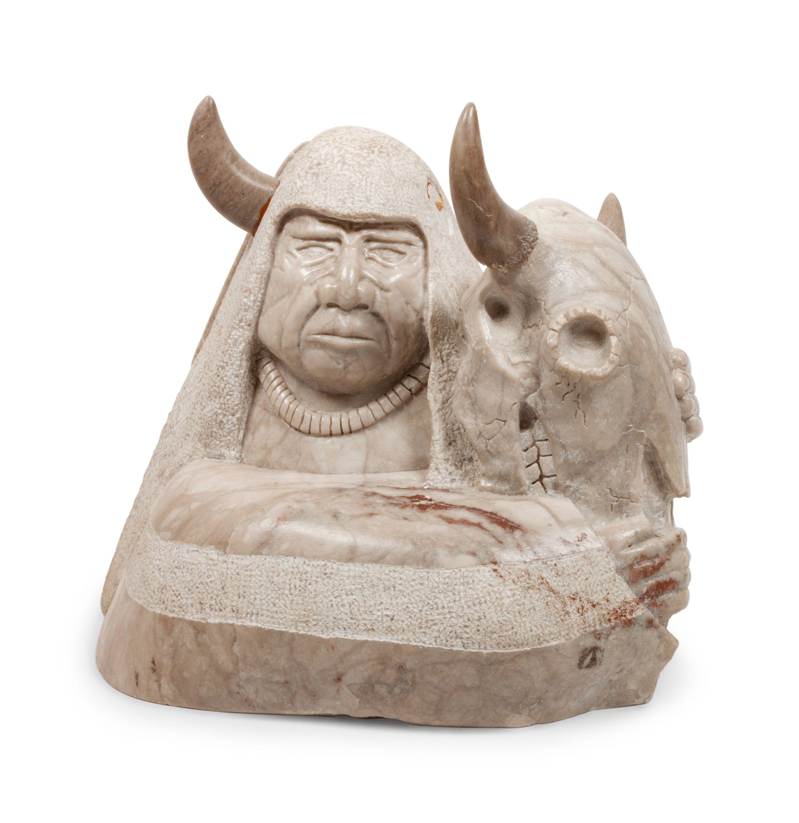 Dennis Christy (Saginaw Chippewa, b. 1951) Buffalo Man: Dennis Christy (Saginaw Chippewa, b. 1951) Buffalo Man alabaster signed at base height 17, width 18 inches Property from a Corporate Art Collection