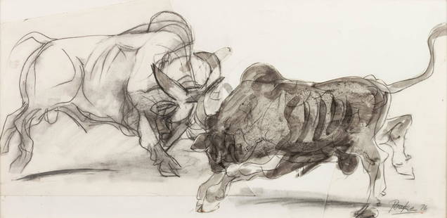 Channing Peake (American, 1910-1989) Two Drawings:: Channing Peake (American, 1910-1989) Two Drawings: Nearly Busted and Fighting Bulls charcoal on paper each signed Peake (lower right) largest 29 x 34 inches; smaller 12 x 24 inches