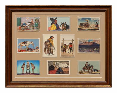 Three Pieces of Western Advertising Memorabilia : Three Pieces of Western Advertising Memorabilia including a group of Lon Megargee postcards, a Rough Rider Annual magazine cover and a Payson Ames woodblock print