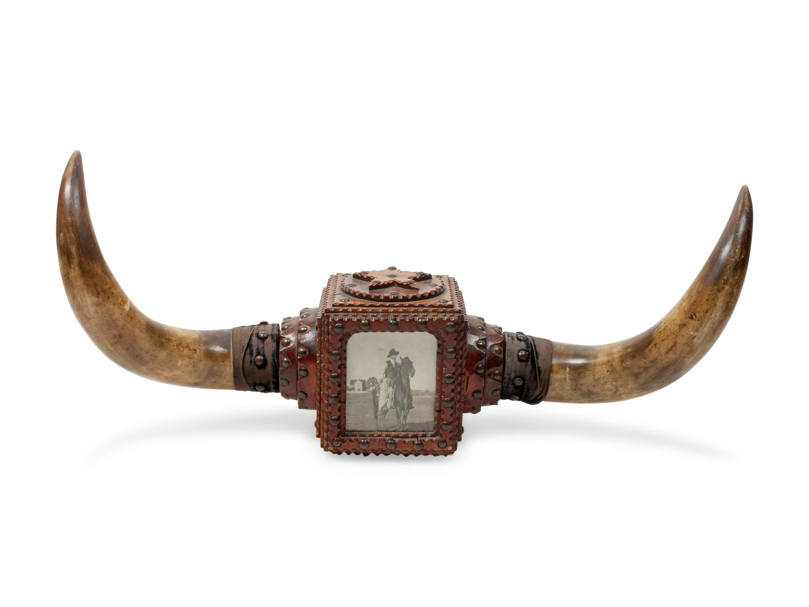 Longhorn Mount With Decorative Tooled Leather Photo Box (1 of 3)