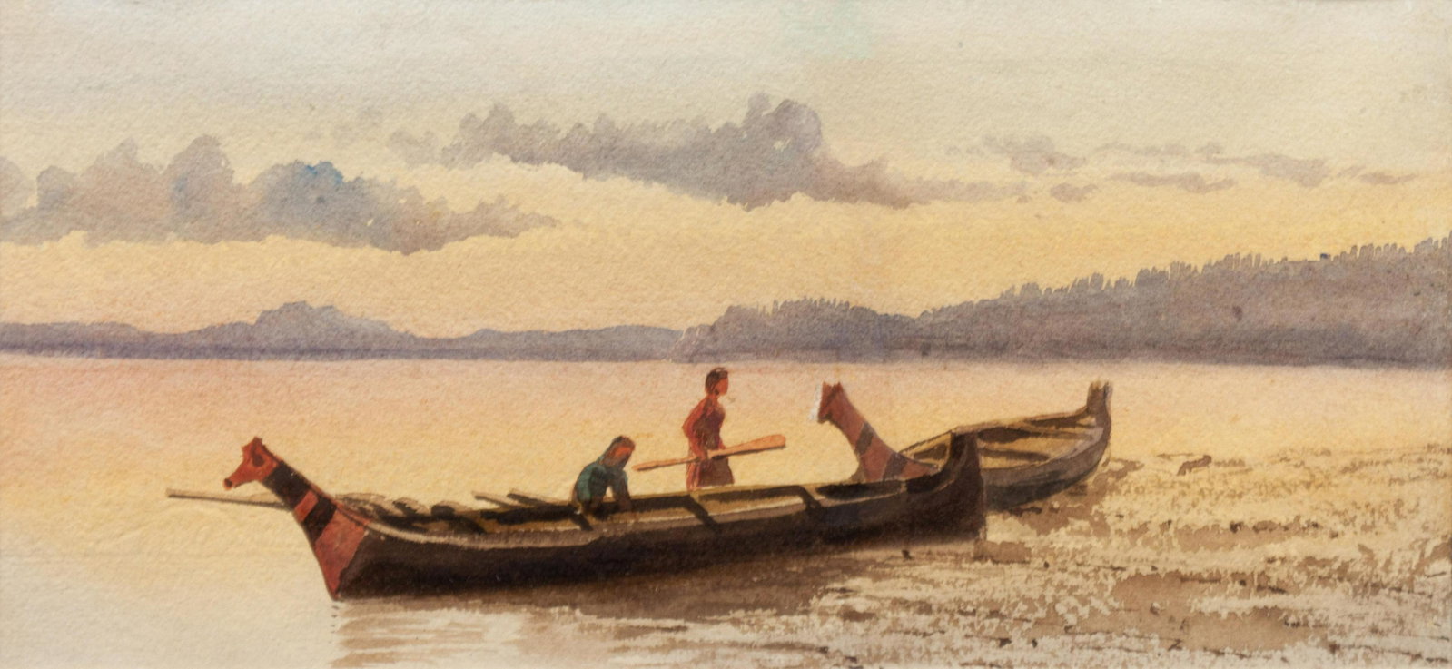 Attributed to John Arthur Fraser (Canadian, 1838-1898): Attributed to John Arthur Fraser (Canadian, 1838-1898) Haida Canoes on the Shore Watercolor unsigned 6 x 12 3/4 inches Property from the Estate of Peter Bergh, Edwards, Colorado