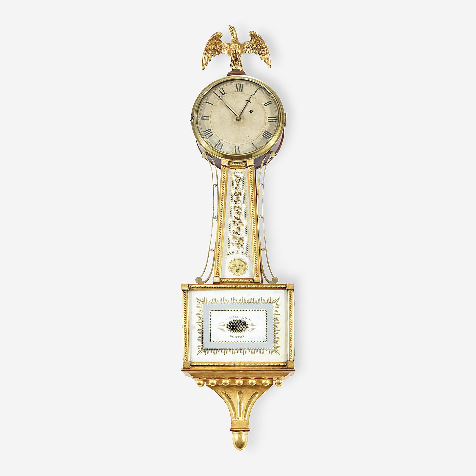 A Federal giltwood and églomisé banjo clock, Aaron: A Federal giltwood and églomisé banjo clockAaron Willard (1757-1844), Boston, MA, circa 1820L: 41 3/4 in. W: 10 1/4 in. D: 4 in.