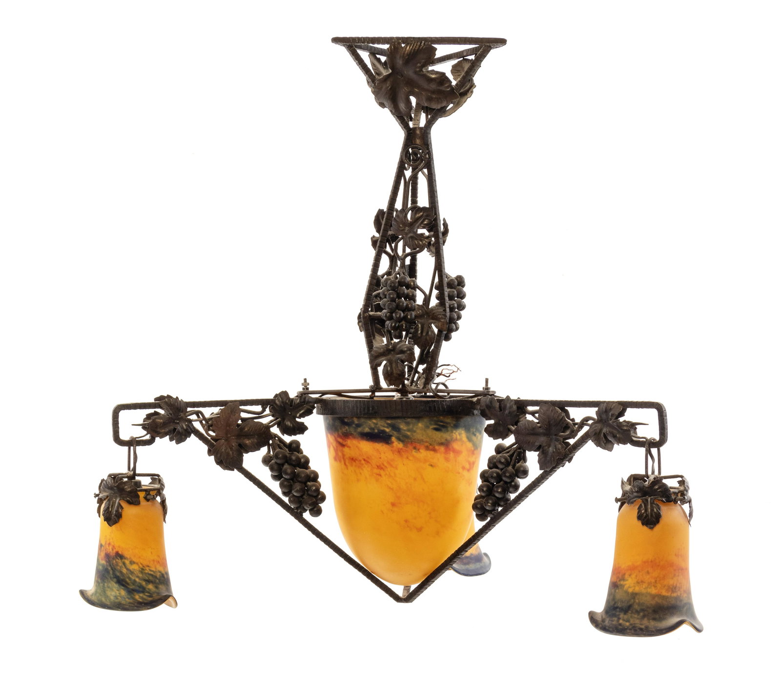 Manner of Muller Freres France, Early 20th Century Art: Manner of Muller Freres France, Early 20th Century Art Deco Chandelier bronze, glass H 25 1/2 inches Property from the Chicago North Shore home designed by Benjamin Marshall for Axel Lonnquist circa 1