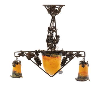 Manner of Muller Freres France, Early 20th Century Art: Manner of Muller Freres France, Early 20th Century Art Deco Chandelier bronze, glass H 25 1/2 inches Property from the Chicago North Shore home designed by Benjamin Marshall for Axel Lonnquist circa 1