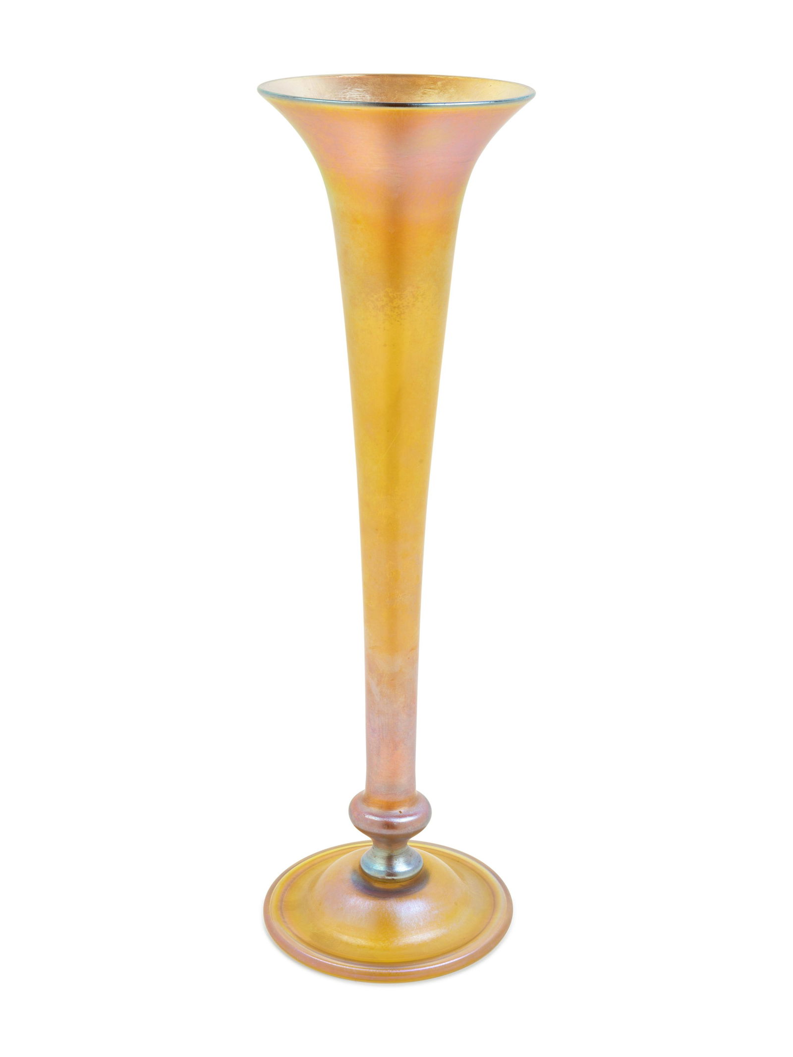 Tiffany Studios American, Early 20th Century Trumpet: Tiffany Studios American, Early 20th Century Trumpet Vase favrile glass engraved '1511 7034L L.C. Tiffany-Favrile' H 17 3/4 x Diameter 5 1/2 inches Property from the Estate of Mr. and Mrs. Dean Drahos