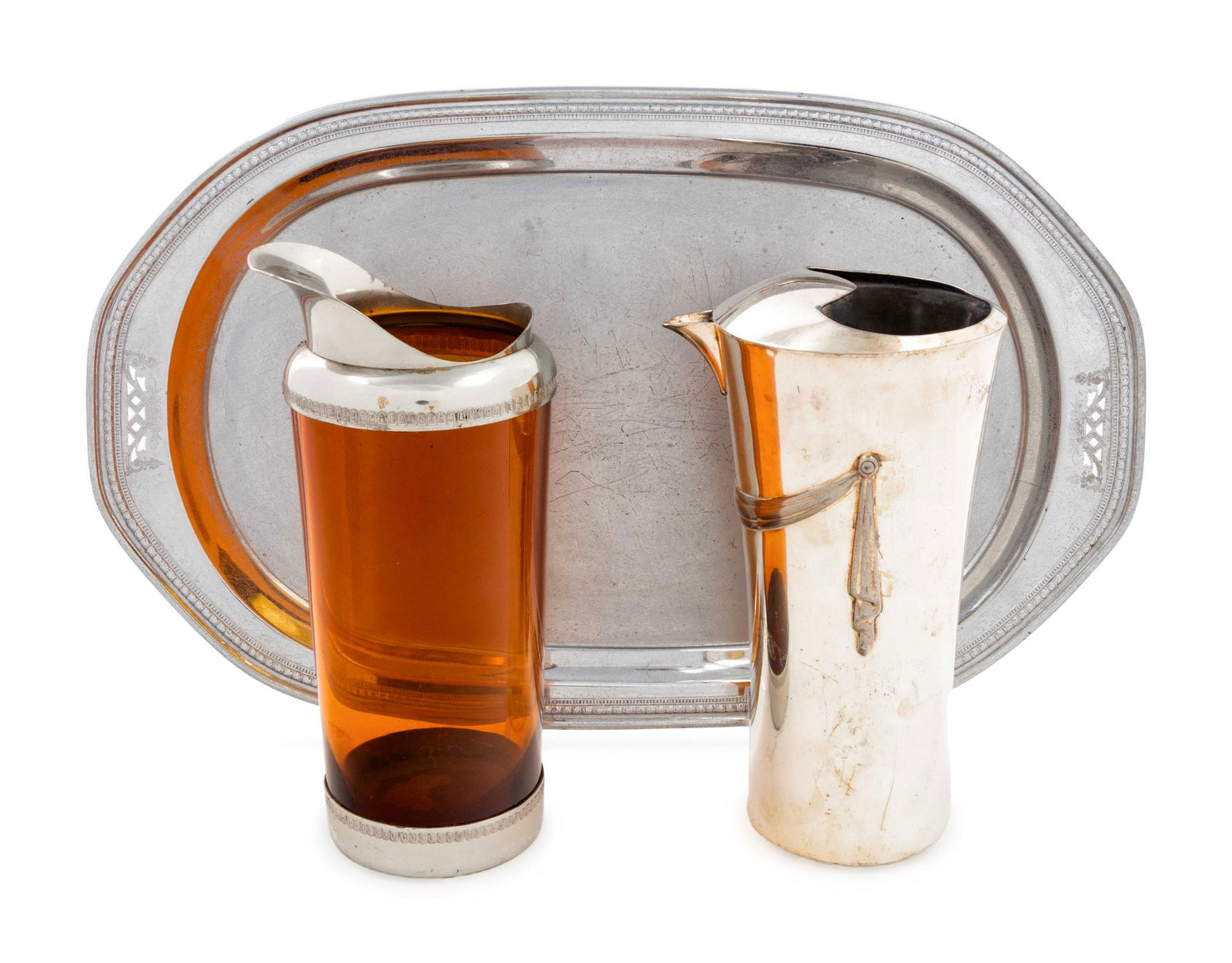 Two Silver-Plate Mounted Cocktail Carafes and a Tray (1 of 3)