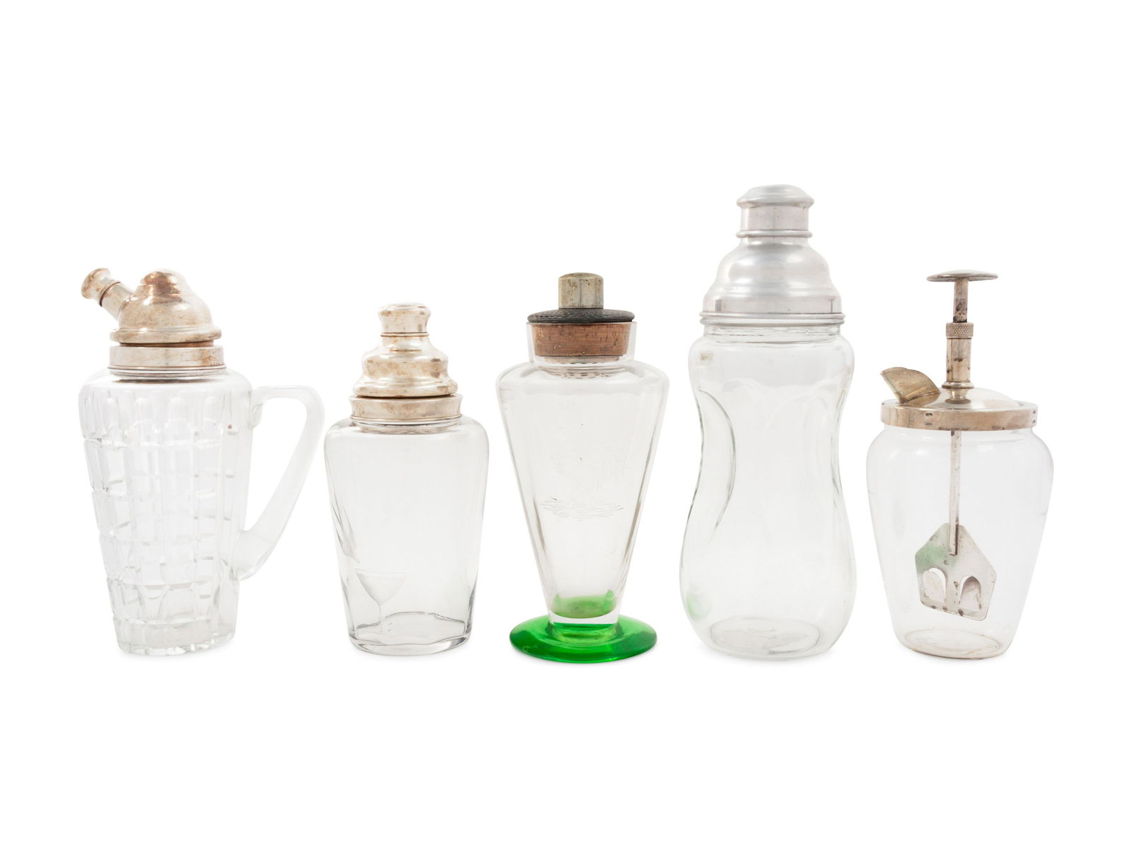 A Group of Five Glass Cocktail Shakers (1 of 2)