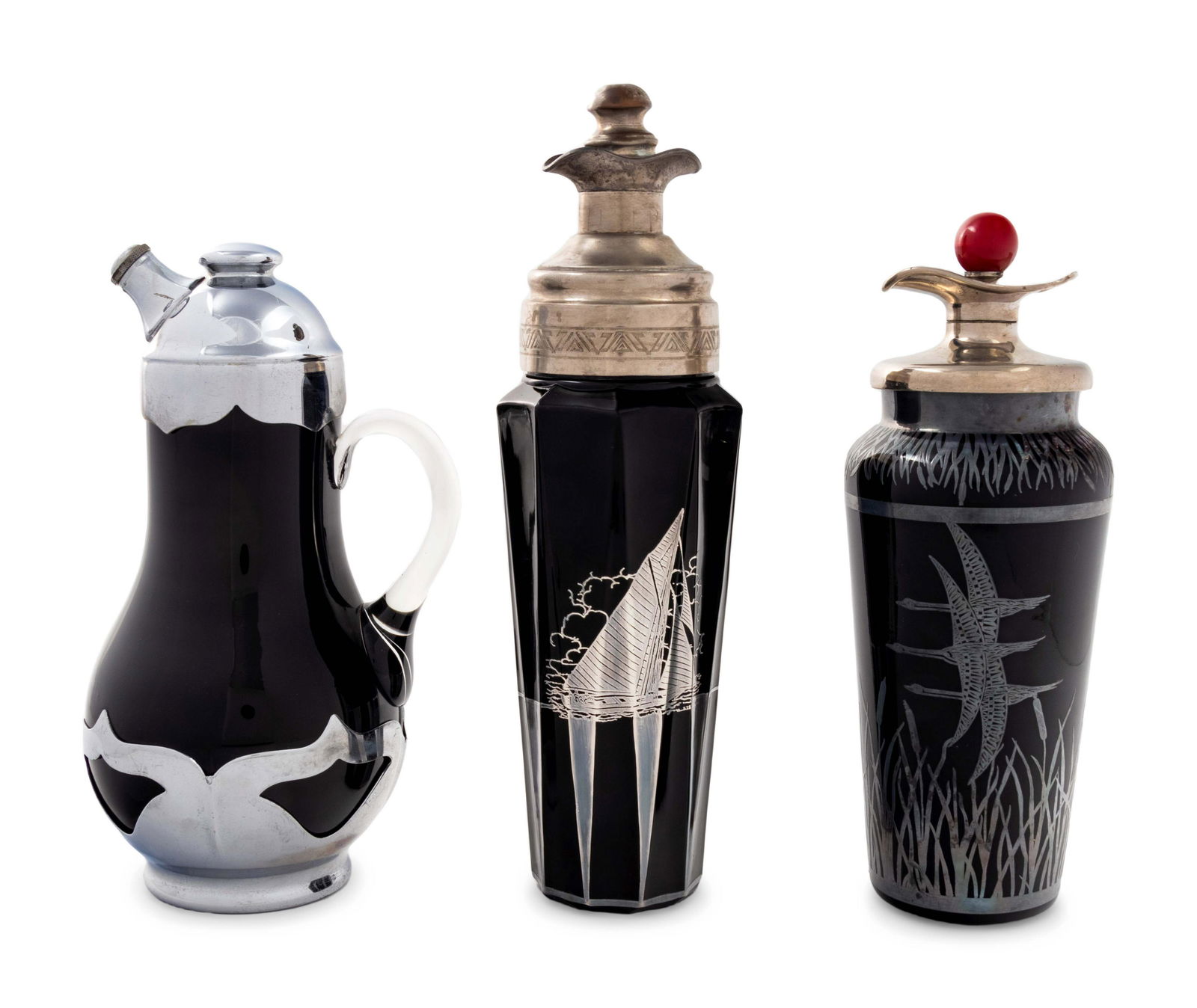 A Group of Three Black Glass Cocktail Shakers (1 of 2)