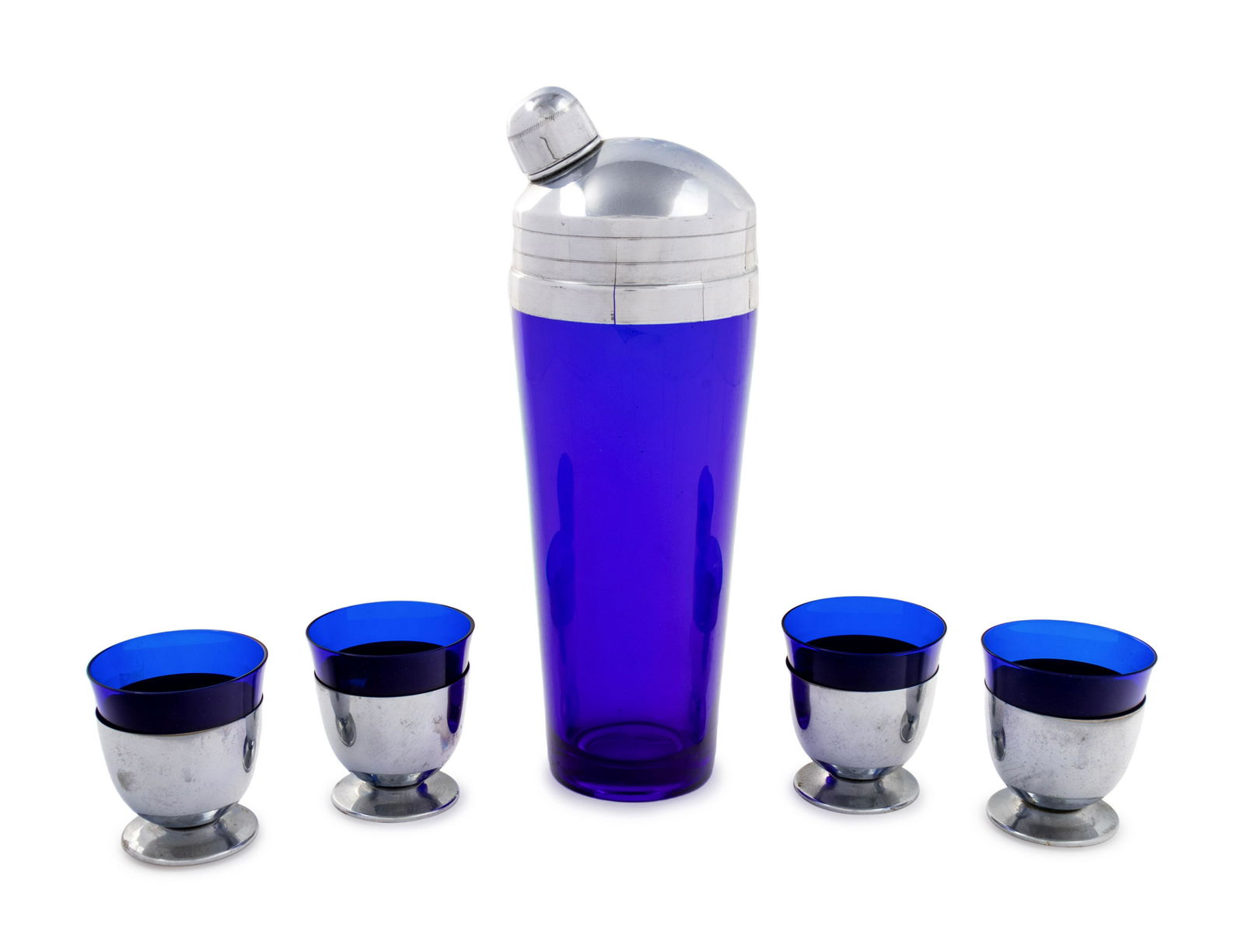 A Five-Piece Cobalt Blue Glass and Silver Cocktail Set (1 of 3)