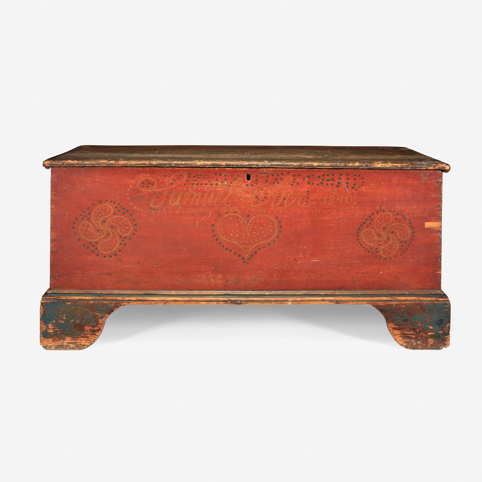 Red-painted blanket chest, Inscribed and dated, "Samuel (1 of 2)