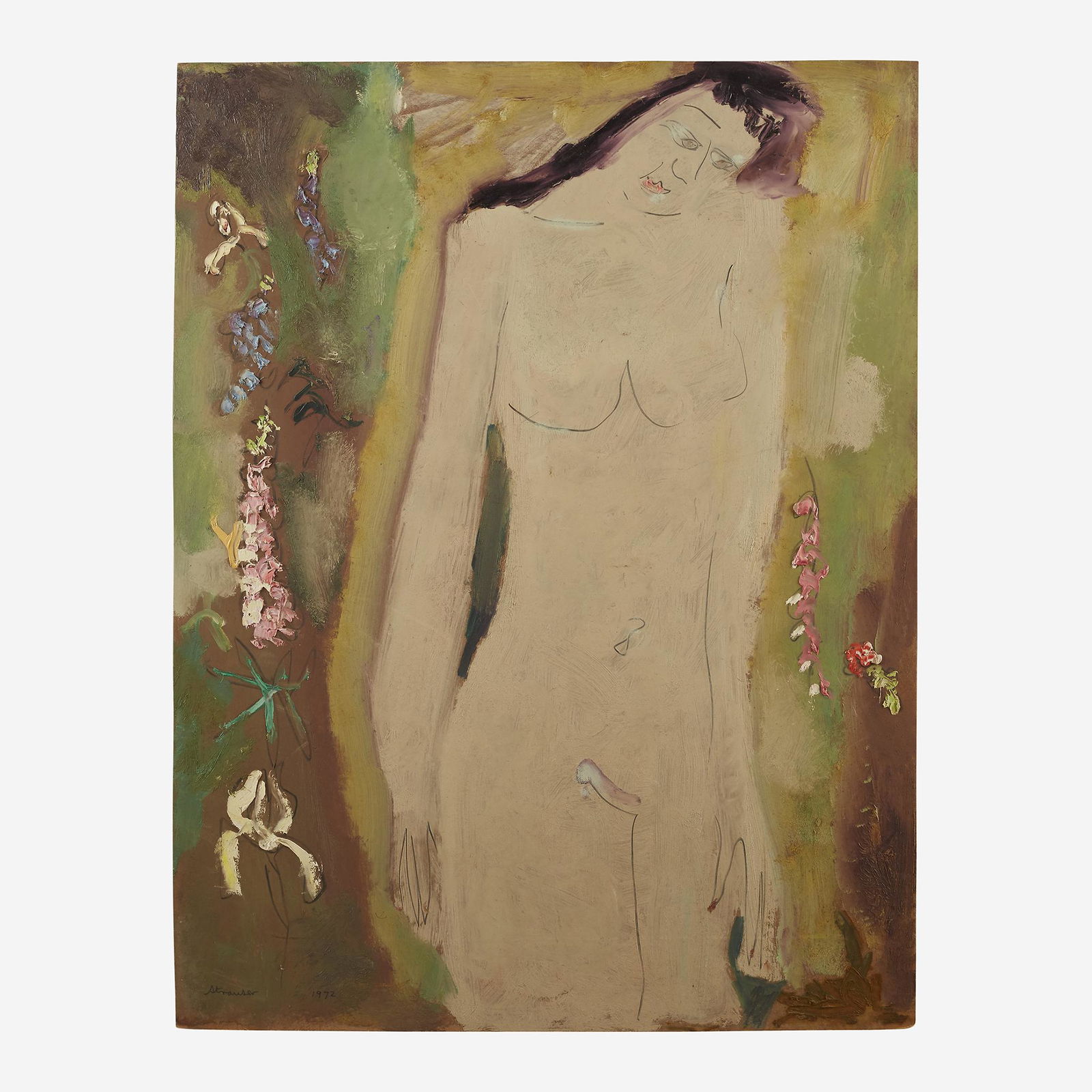 Sterling Boyd Strauser (American, 1907–1995), , Nude: Sterling Boyd Strauser (American, 1907–1995)Nude with FlowersSigned and dated 1972 bottom left, oil on Masonite.40 x 30 in. (101.6 x 76.2cm)UnframedPROVENANCE:The Artist.Private Collection, Princeto