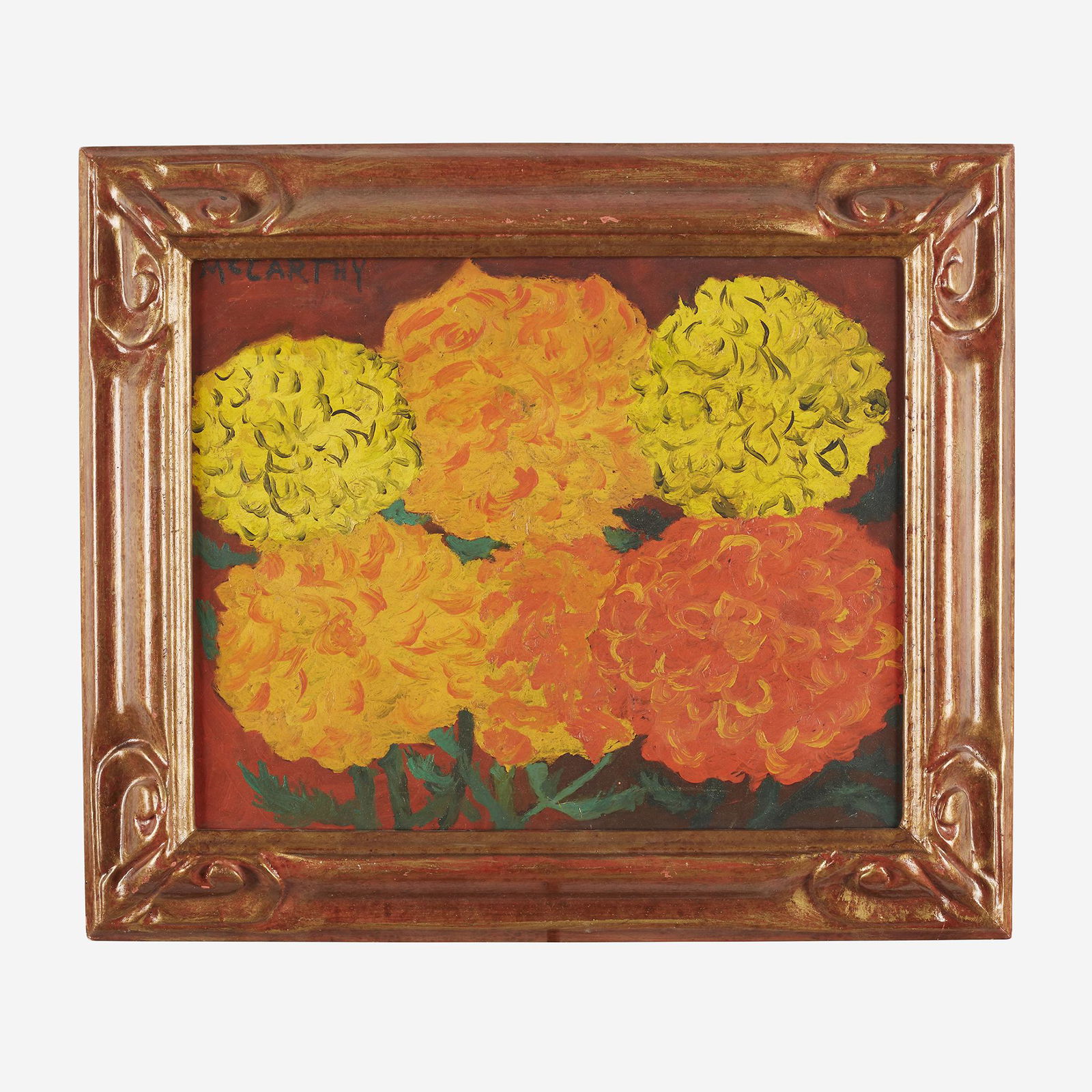 Justin McCarthy (American, 1892–1977), , Chrysanthemums: Justin McCarthy (American, 1892–1977ChrysanthemumsSigned top left, oil on panel.Executed mid-1960s.12 3/8 x 15 7/8 in. (31.4 x 40.3cm)together with:GladiolasSigned bottom left, oil on Masonite.Execu