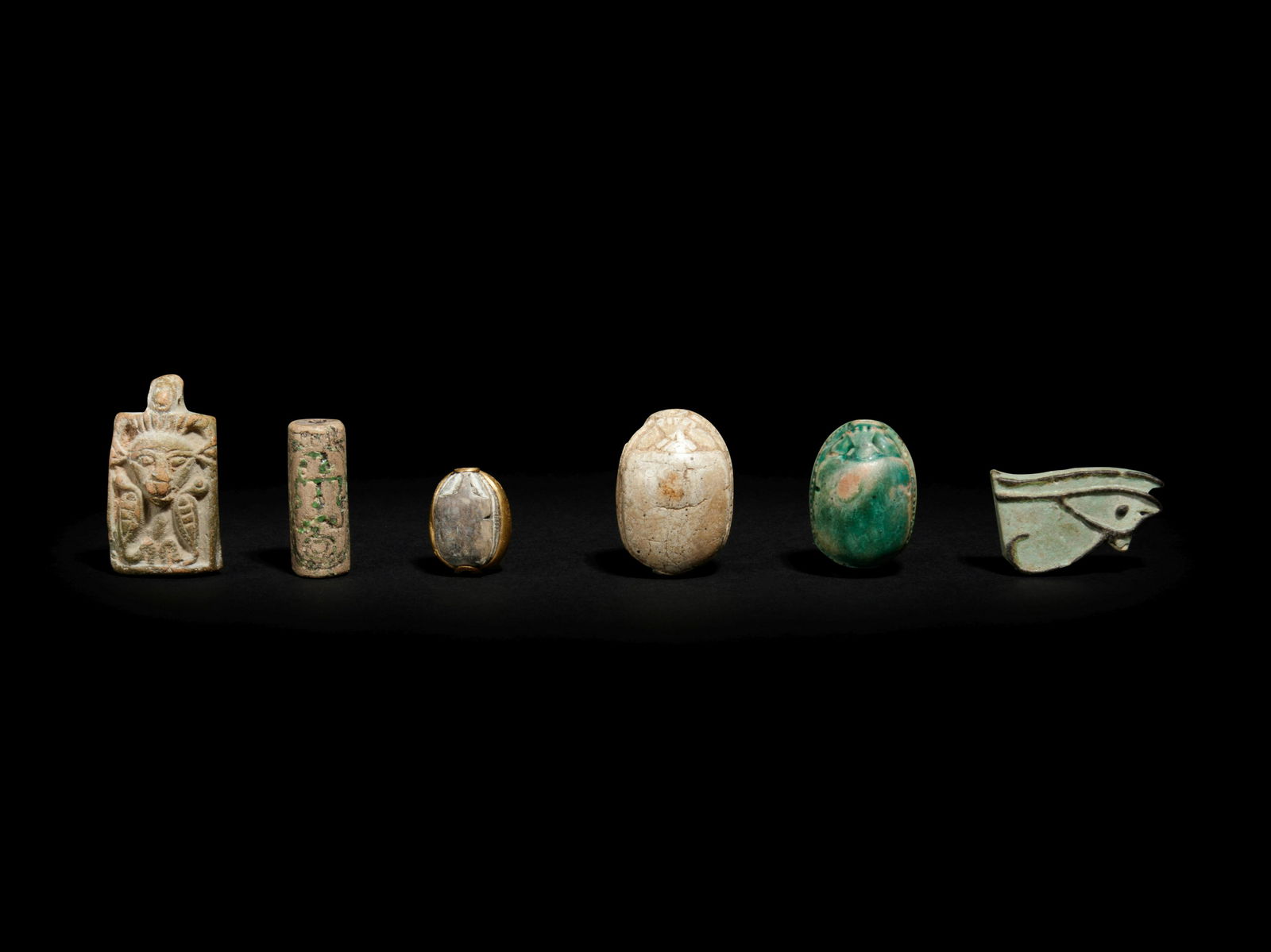 Three Egyptian Steatite and Faience Scarabs Height of (1 of 15)
