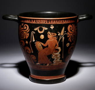 A Large Apulian Red-Figured Skyphos with Eros Height 10: A Large Apulian Red-Figured Skyphos with Eros Attributed to the Group of Vatican Y1H, Circa 340-320 B.C. Height 10 5/8 inches. Provenance: Acquired from Robert Peters, PhD, New York, in the 1980s. Not