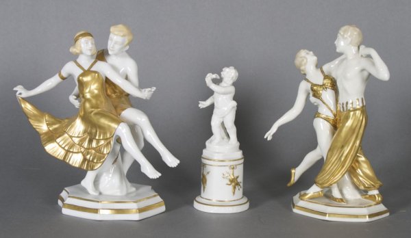 A Group of Two German Art Deco Figures, Height of : A Group of Two German Art Deco Figures, the porcelain figures having gilt decoration, unmarked, together with one capodimonte figure. Height of tallest 7 3/4 inches.