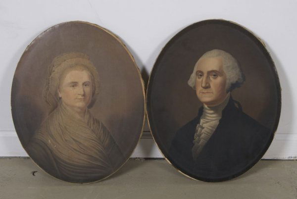 A Group of Two Chromo Lithographs, After Gilbert S: A Group of Two Chromo Lithographs, After Gilbert Stuart (American 1755-1828), laid down on canvas, depicting George and Martha Washington. Height 17 x width 14 inches.
