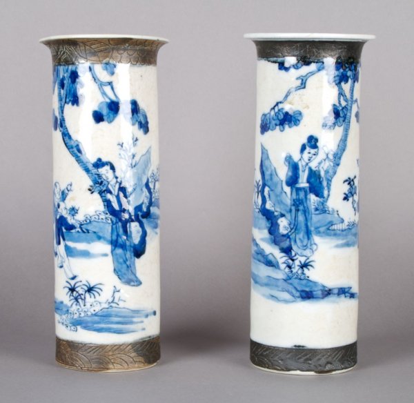 A Pair of Porcelain Beaker Vases, Height 11 1/2 in: A Pair of Porcelain Beaker Vases, decorated with figures in a landscape in blue and white. Height 11 1/2 inches.