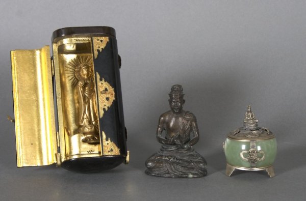 A Traveling Buddhist Shrine, Height of tallest 5 1: A Traveling Buddhist Shrine, having gilt interior with a model of Buddha at center, together with a bronze seated figure and a stone and metal box. Height of tallest 5 1/2 inches.