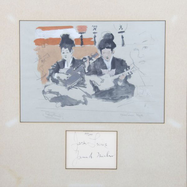 Jack Levine, (American, b. 1915), Asian Study: Jack Levine (American, b. 1915) Asian Study mixed media on paper autograph, matted, framed below 12 x 17 inches.