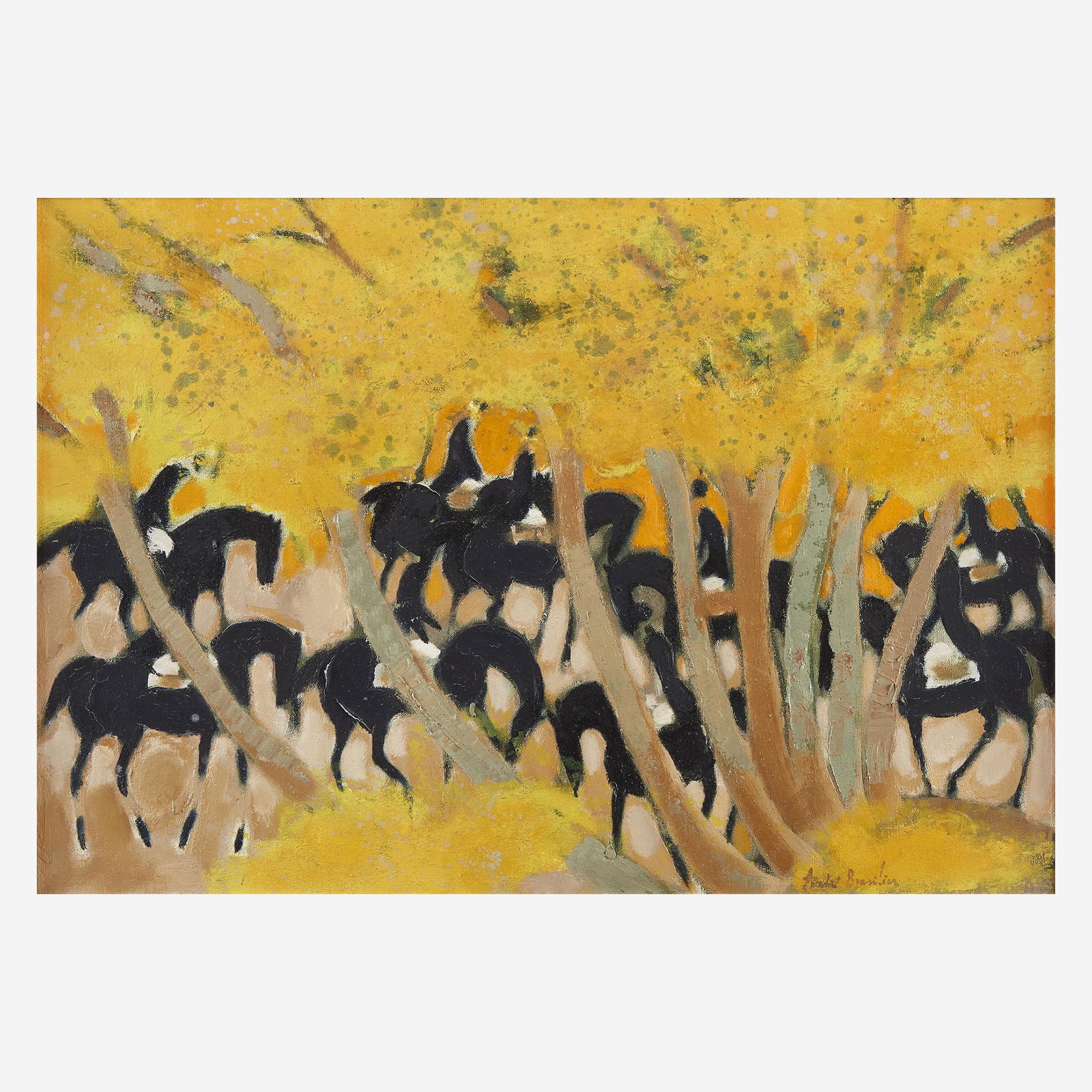 André Brasilier (French, b. 1929), , Cavaliers en: André Brasilier (French, b. 1929)Cavaliers en Sous-bois JauneSigned bottom right, titled, signed with initials and dated 1968 verso, oil on canvas.19 3/4 x 28 3/4 in. (50.2 x 73cm)PROVENANCE:David B.