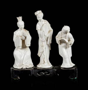 Three Chinese Blanc-de-Chine Porcelain Figures: Three Chinese Blanc-de-Chine Porcelain Figures LATE 19TH-EARLY 20TH CENTURY 清晚期