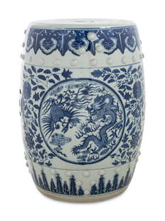 A Chinese Blue and White Porcelain Garden Stool: A Chinese Blue and White Porcelain Garden Stool 青花纏枝花卉紋鼓凳 of barrel form, painted with floral blooms born on meandering vines between a b