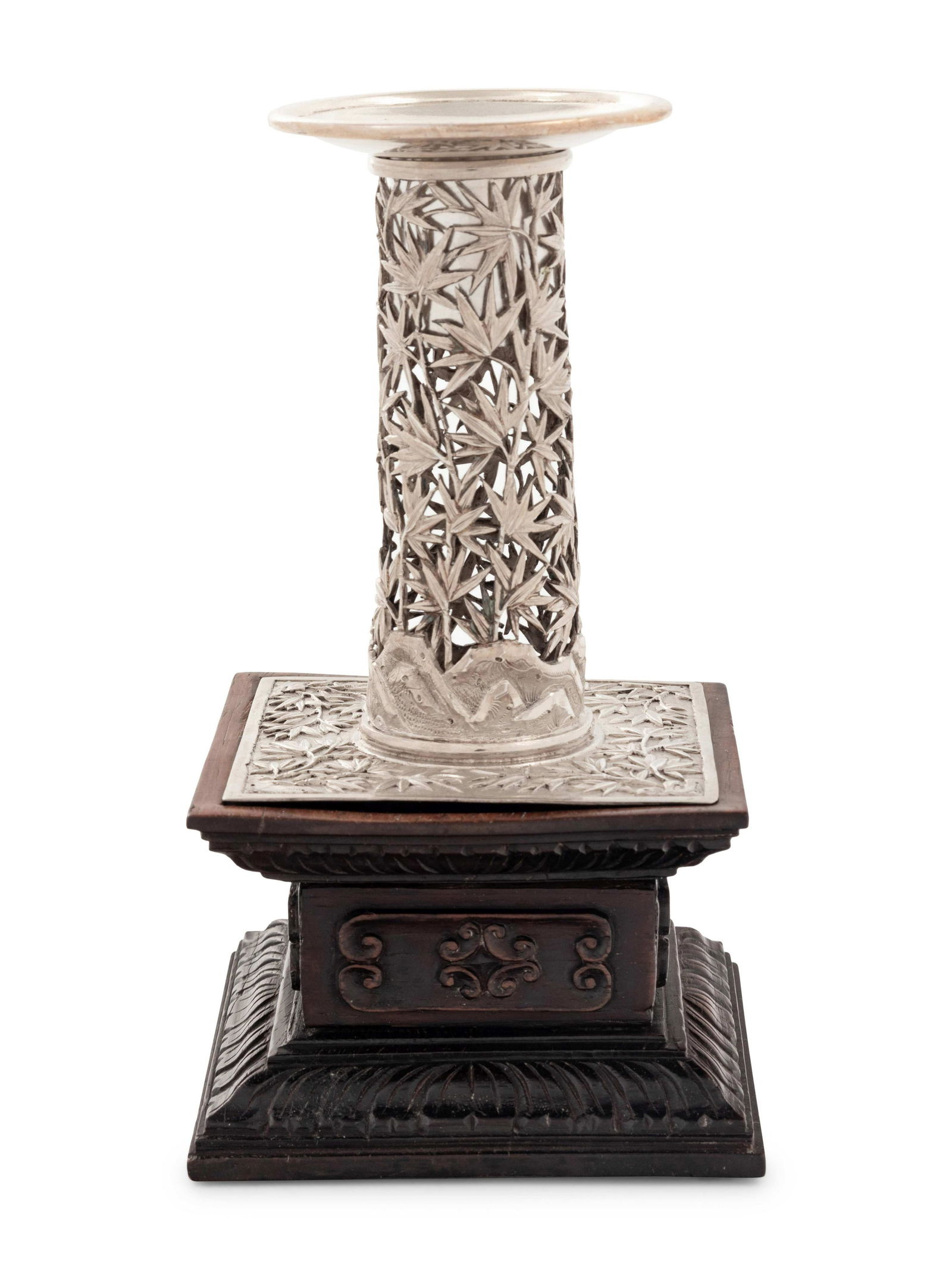 A Chinese Export Silver 'Bamboo' Candle Holder (1 of 3)