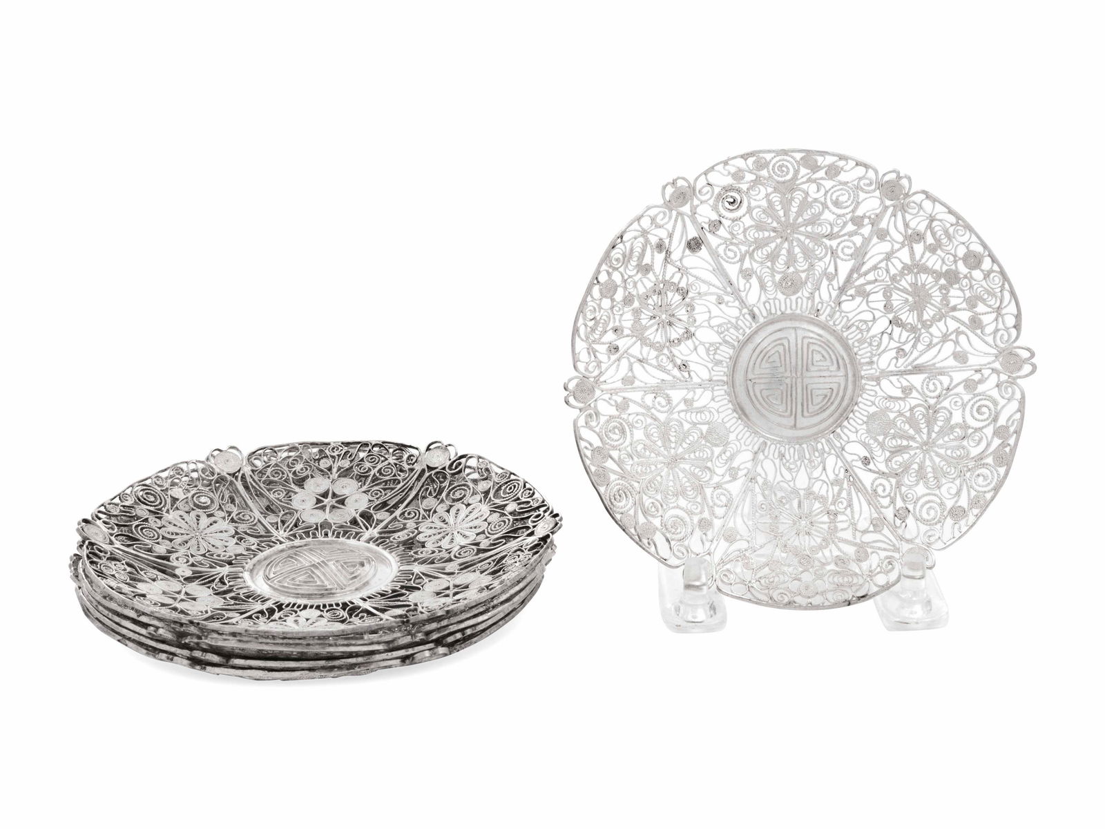 A Set of Six Chinese Export Silver Filigree Plates (1 of 3)