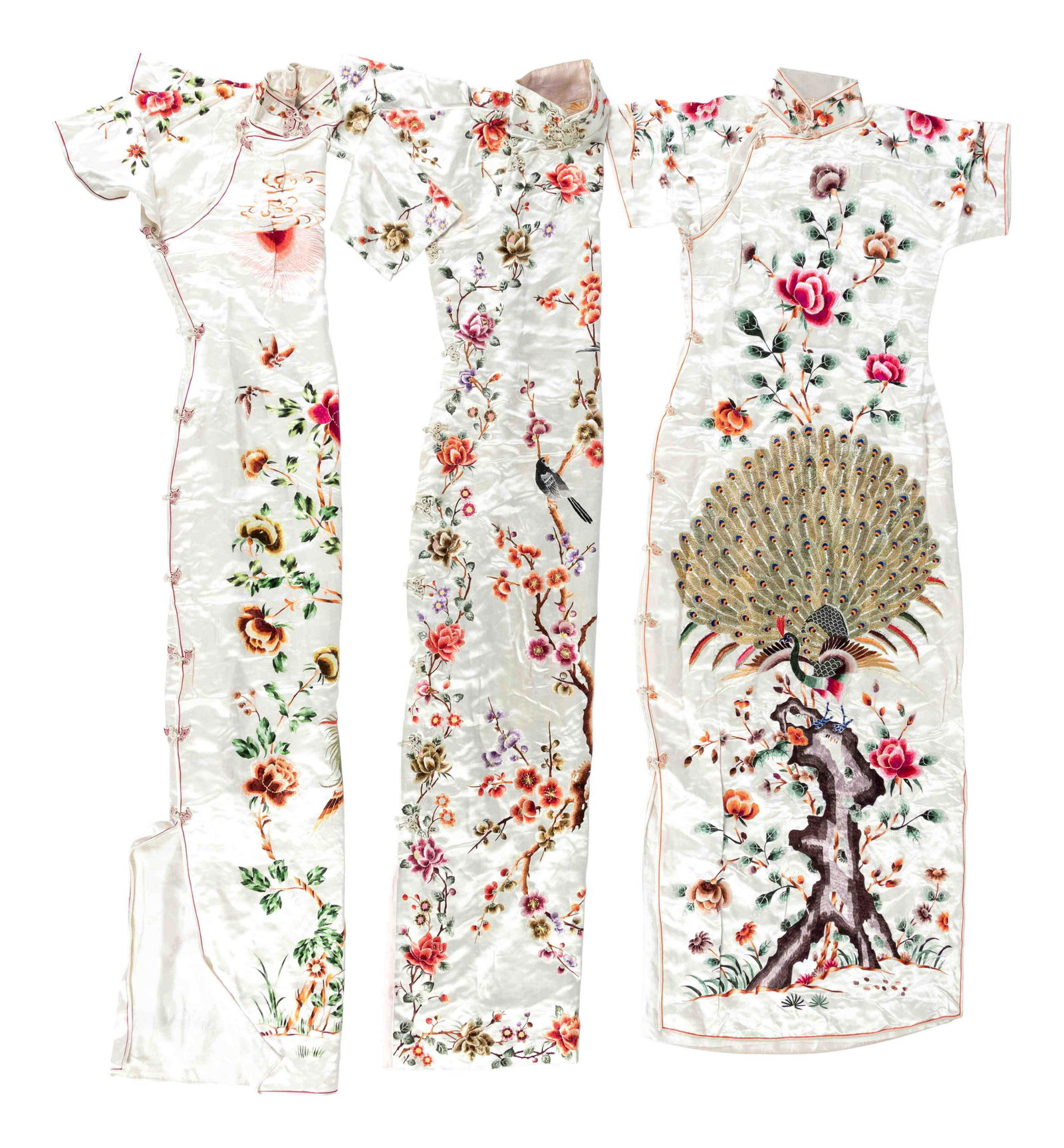 Three Chinese Cream Ground Silk Lady's Cheongsams, (1 of 3)