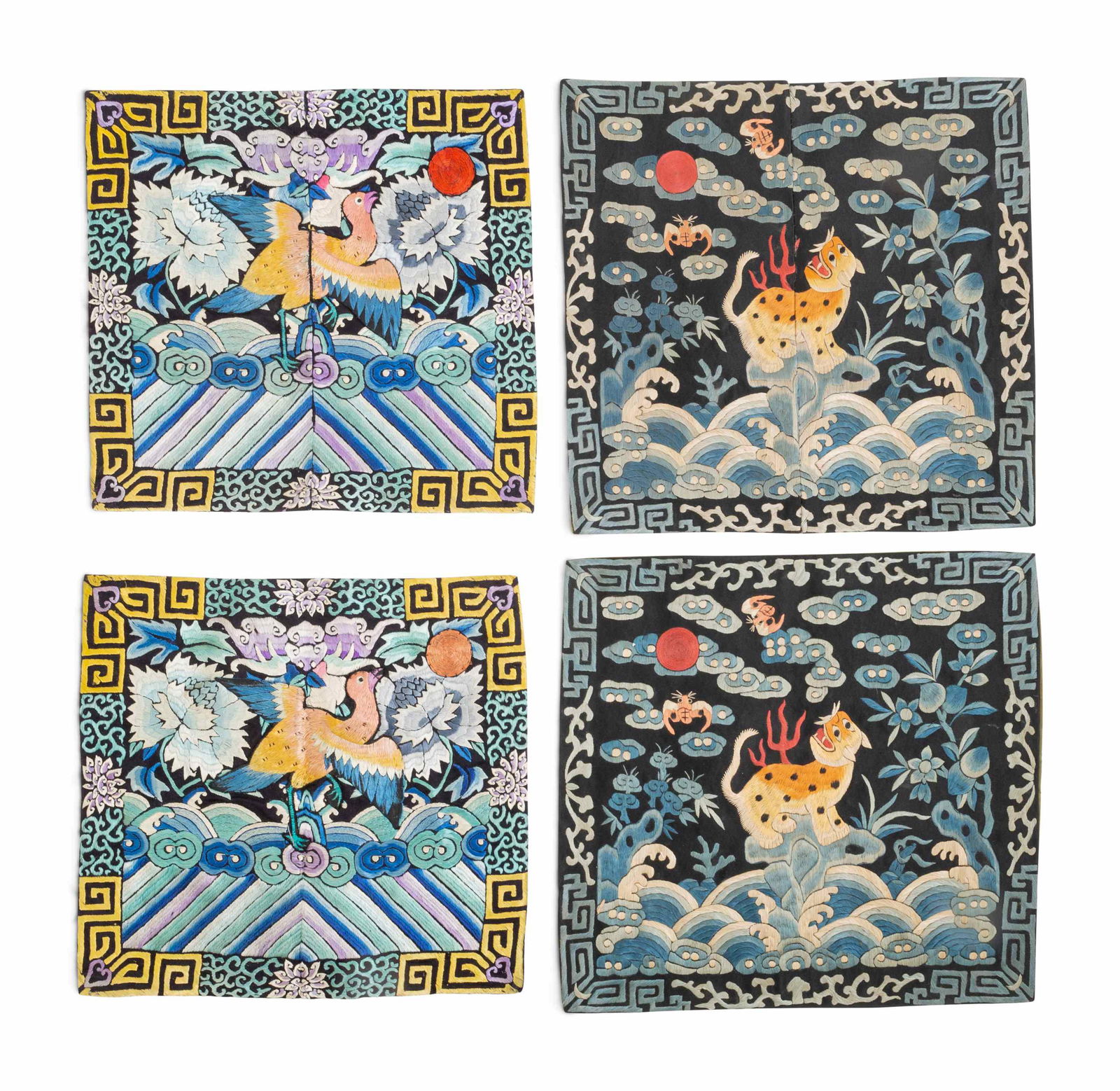 Two Pairs of Chinese Embroidered Silk Rank Badges, (1 of 4)