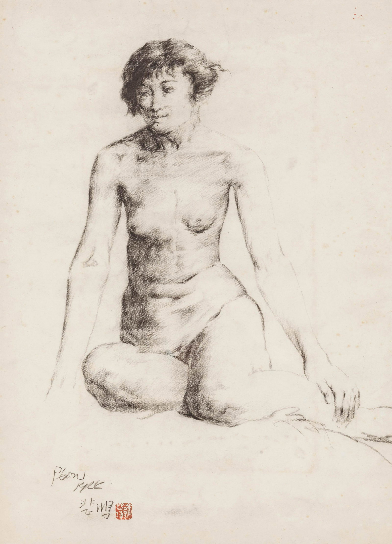 Two Works Attributed to Xu Beihong: Two Works Attributed to Xu Beihong (Chinese, 1895-1953) comprising: Sketch of a Nude Lady pencil on paper, framed signed with an artist's seal Horse ink on paper, framed signed and inscribed, with two