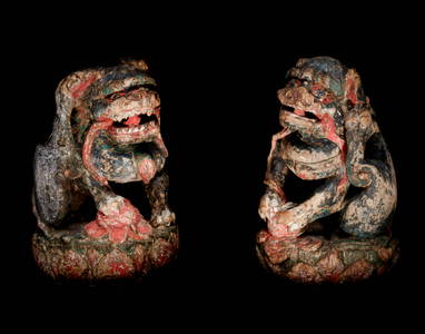 A Pair of Chinese Polychrome Painted Wood Figures of