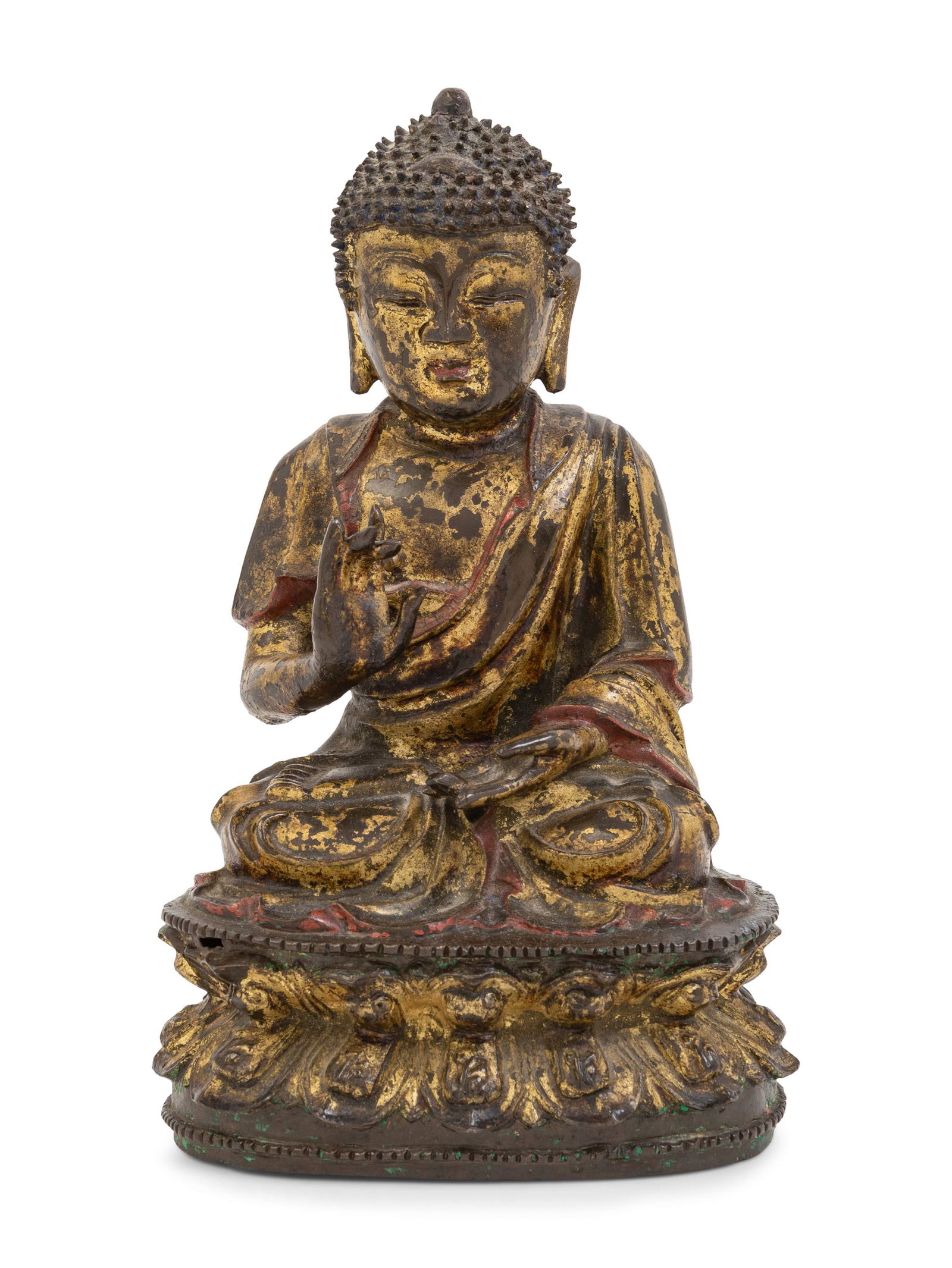 A Chinese Parcel-Gilt and Painted Bronze Figure of (1 of 3)