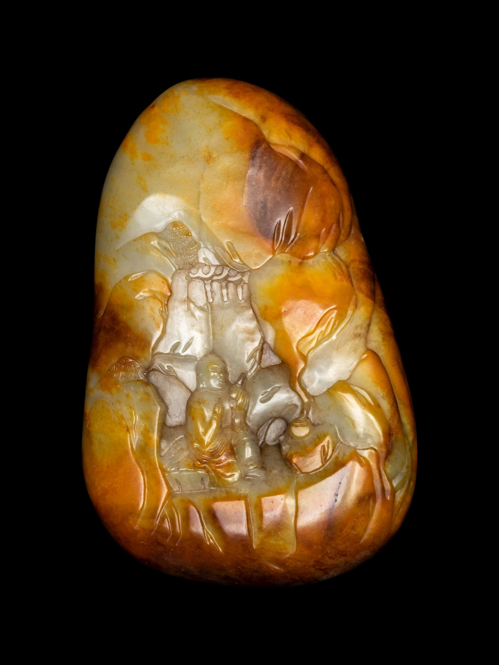 A Chinese Celadon, Russet and Yellow Jade Boulder (1 of 2)