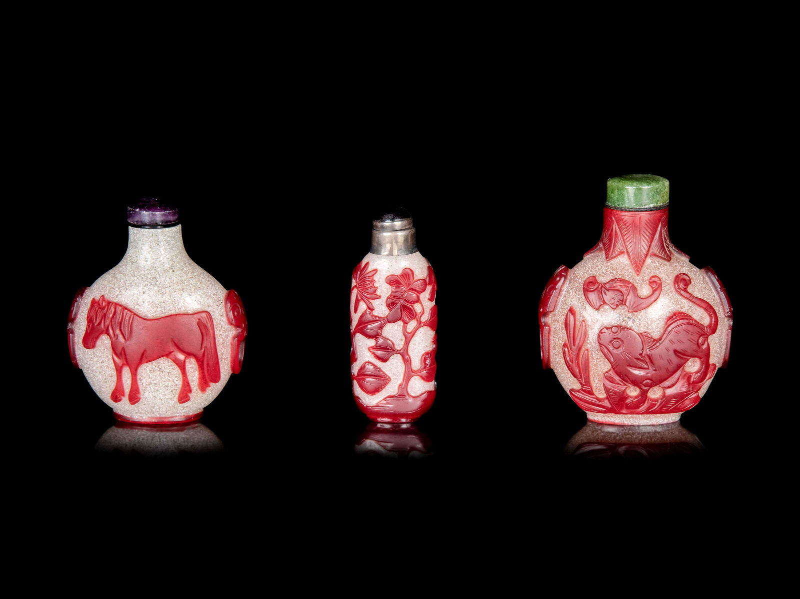 Three Chinese Red Overlay Snow Flake Ground Peking (1 of 4)