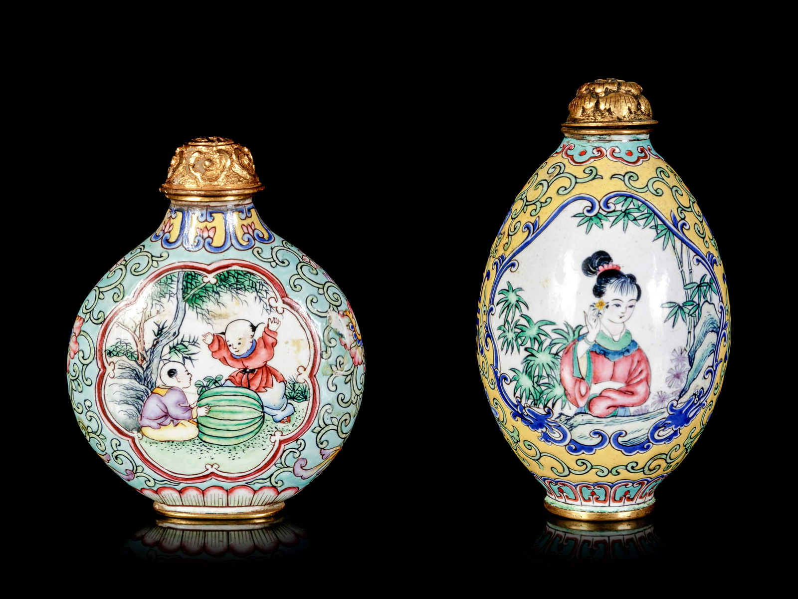 Two Chinese Painted Canton Enamel on Copper Snuff (1 of 3)