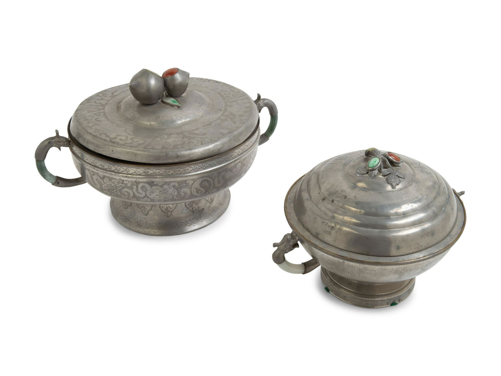 Two Chinese Hardstone Inset Pewter Pots and Covers (1 of 4)