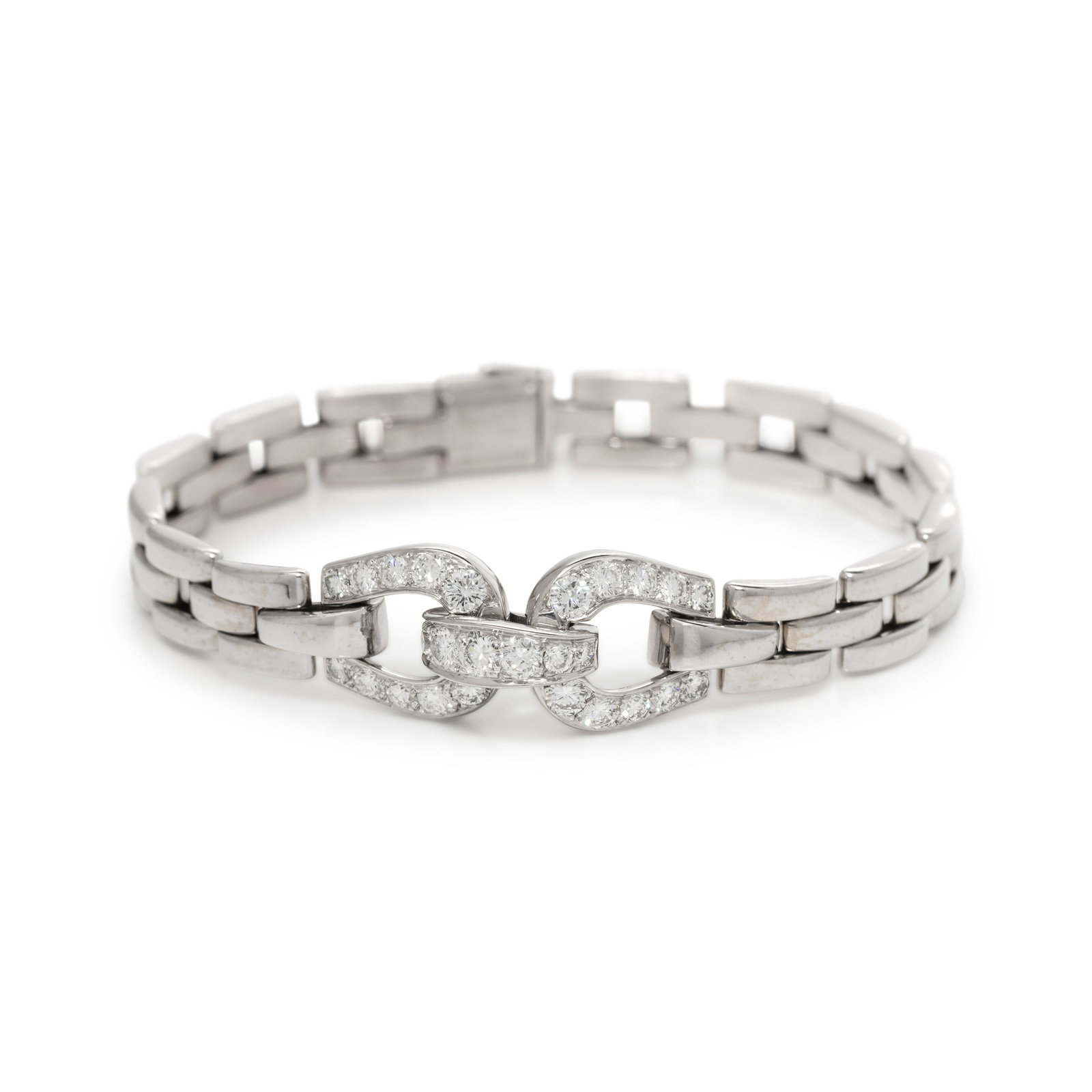 CARTIER, WHITE GOLD AND DIAMOND 'ETRIER' BRACELET: CARTIER, WHITE GOLD AND DIAMOND 'ETRIER' BRACELET Containing 27 round brilliant cut diamonds weighing approximately 1.50 carats total. 7 1/4 inches long. Stamp: C(obscured) 750 777(obscured) (Fr