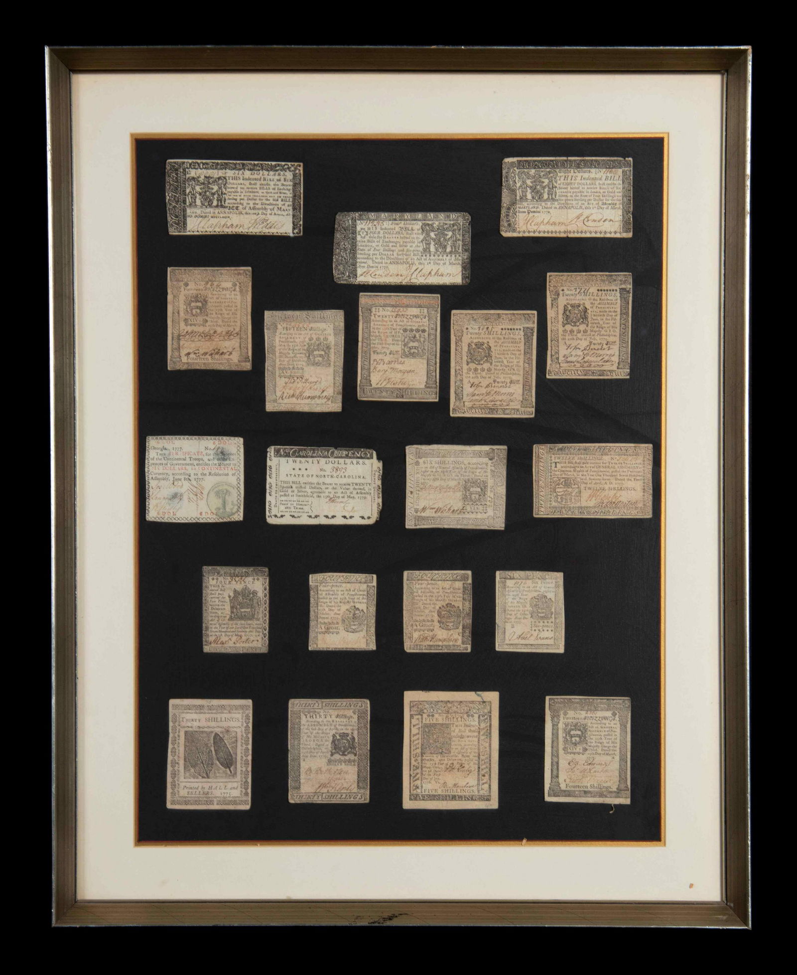A Collection of Framed American Colonial Paper Money (1 of 3)