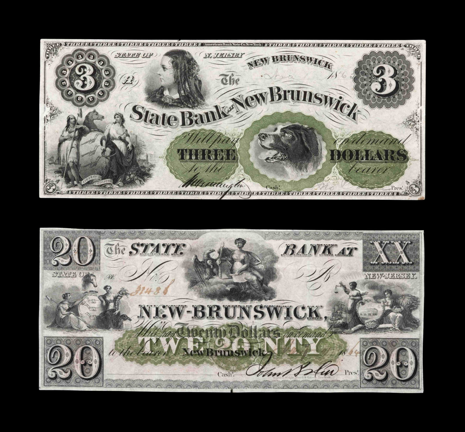 [OBSOLETE: New Jersey] Two State Bank at New Brunswick: [OBSOLETE: New Jersey] Two State Bank at New Brunswick Bank Notes comprising an 1864 $20 note and an 1865 $3 note.