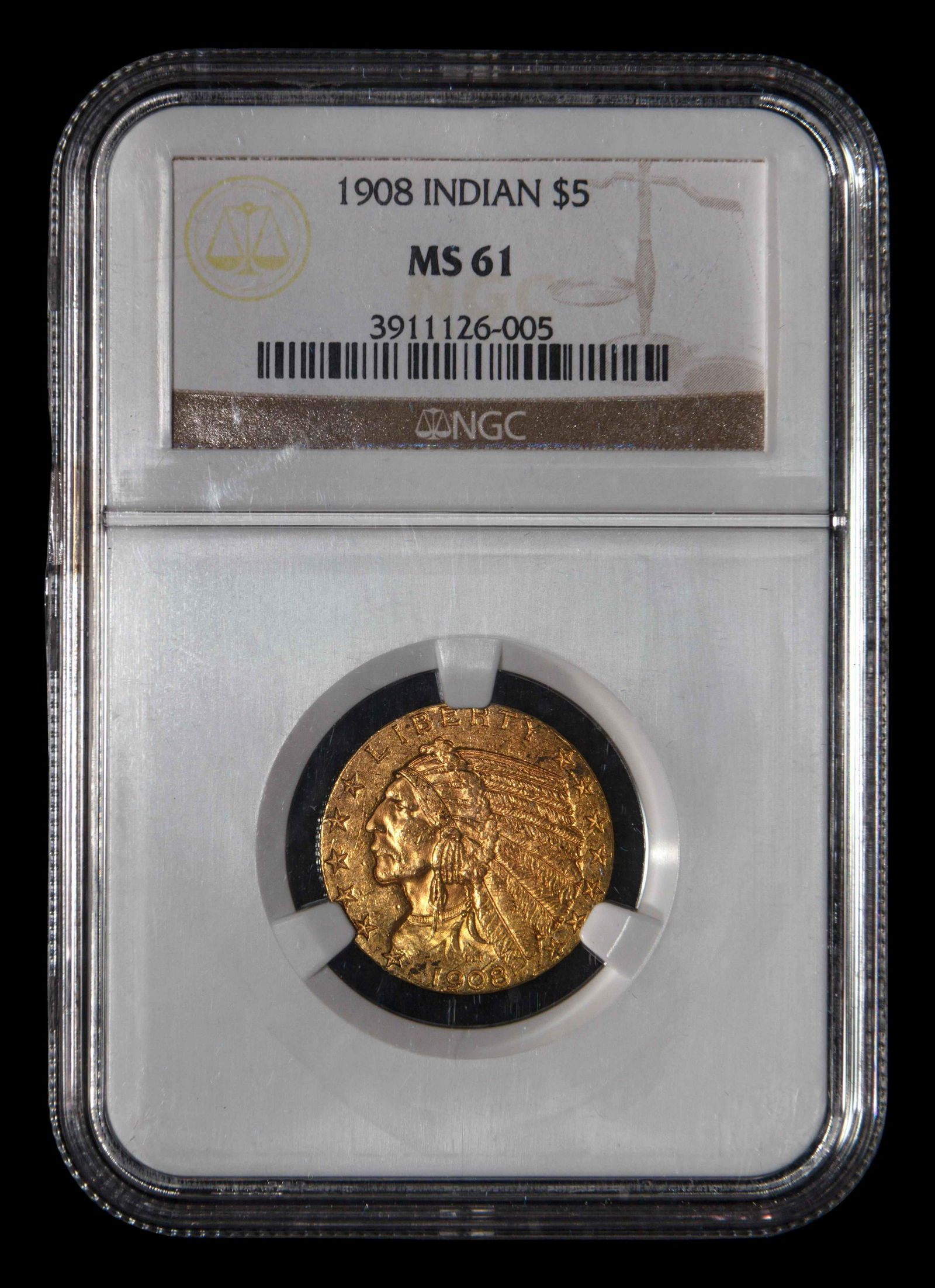 A 1908 Indian Head $5 Gold Coin (NGC MS61) (1 of 2)