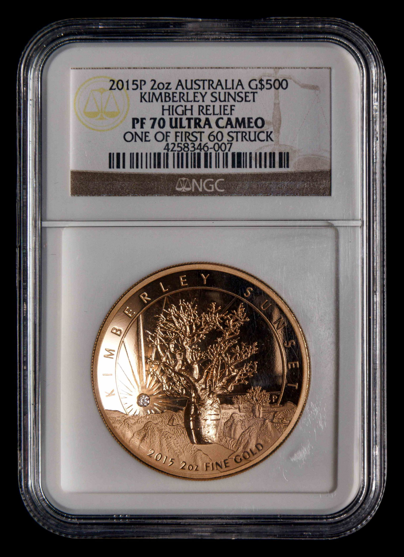 [AUSTRALIA]A 2015-P Kimberly Sunset: One of First 60: [AUSTRALIA]A 2015-P Kimberly Sunset: One of First 60 Struck 2 Oz. High Relief Gold and Diamond Inset $500 Proof (NGC PF70 UC)