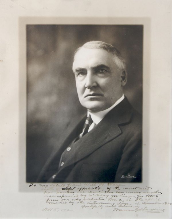 HARDING, WARREN G. Photograph inscribed to Will Hay: HARDING, WARREN G. A signed photograph of Warren G. Harding as President-Elect. With long inscription to Will Hays, reading "To my valued friend Will H. Hays, with grateful appreciation of the rarest 
