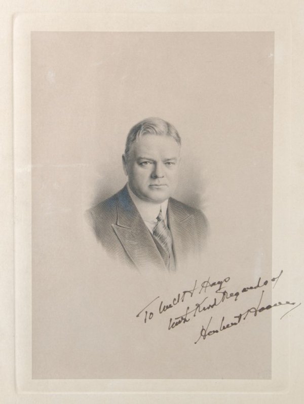 HOOVER, HERBERT. Signed etching by Nuyttens.: HOOVER, HERBERT A signed etching of Herbert Hoover, inscribed to Will Hays. Reads "To Will H Hays with Kind Regards of Herbert Hoover." Undated. Light scuffing; otherwise fine. 10 1/2 x 7 1/2 inches. 