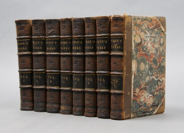 (SETS AND BINDINGS) BYRON, LORD. Works. Philadelph: BYRON, LORD Works. Philadelphia: Henry Carey, 1854. 8 vols. 3/4 calf over marbled boards, 4 raised bands, black leather spine labels, marbled endpapers, marbled edges. Wear to spines; some rubbing to 