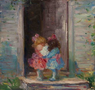 Wayman Adams (American, 1883-1959) Children In Doorway: Wayman Adams (American, 1883-1959) Children In Doorway oil on panel 10 x 10 &#189; inches.