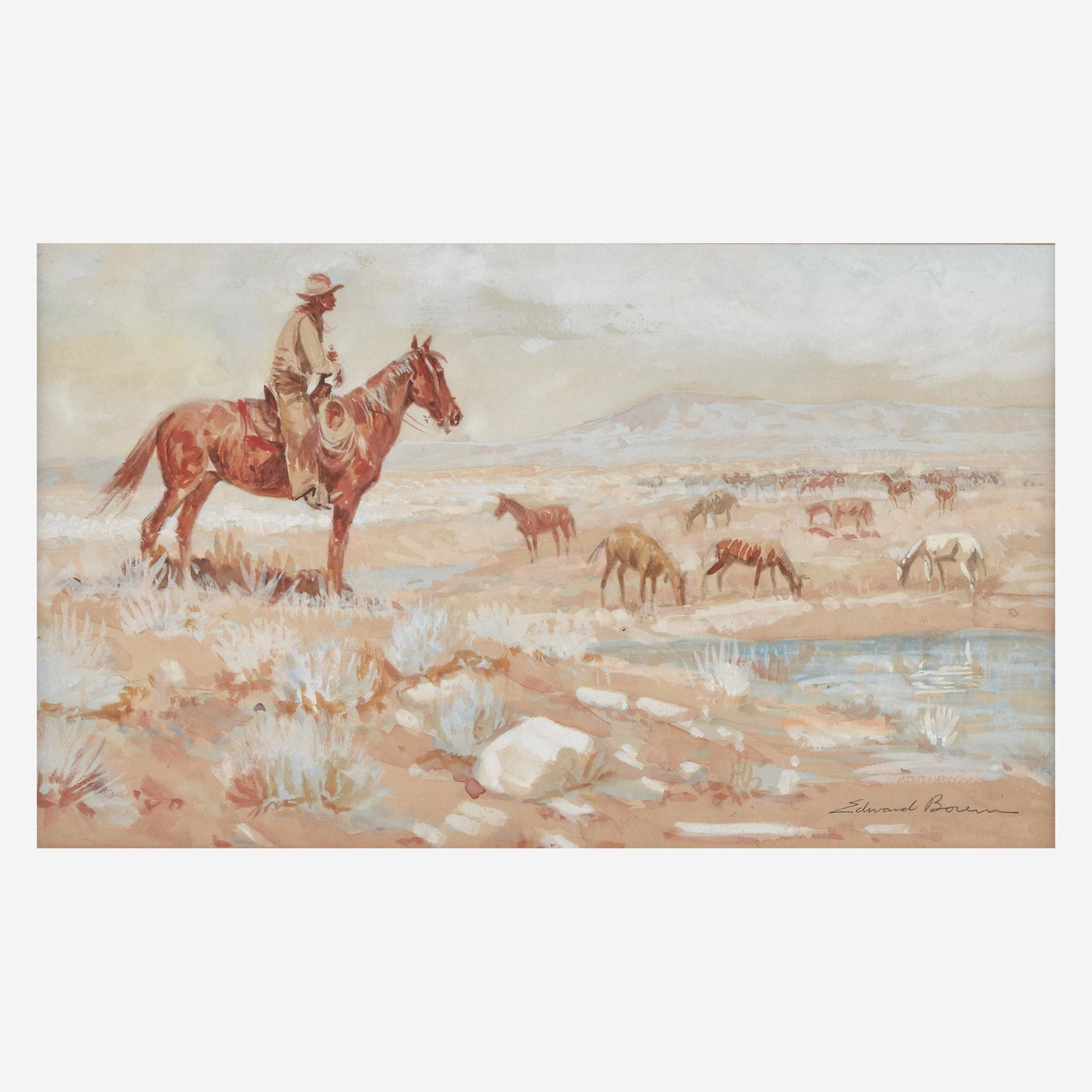Edward Borein (American, 1872–1945), , Vaquero on a: Edward Borein (American, 1872–1945)Vaquero on a Horse in a Field (with Sketch of a Horse Rider verso)Signed 'Edward Borein' bottom right; also with Artist's monogram verso, watercolor heightened wit