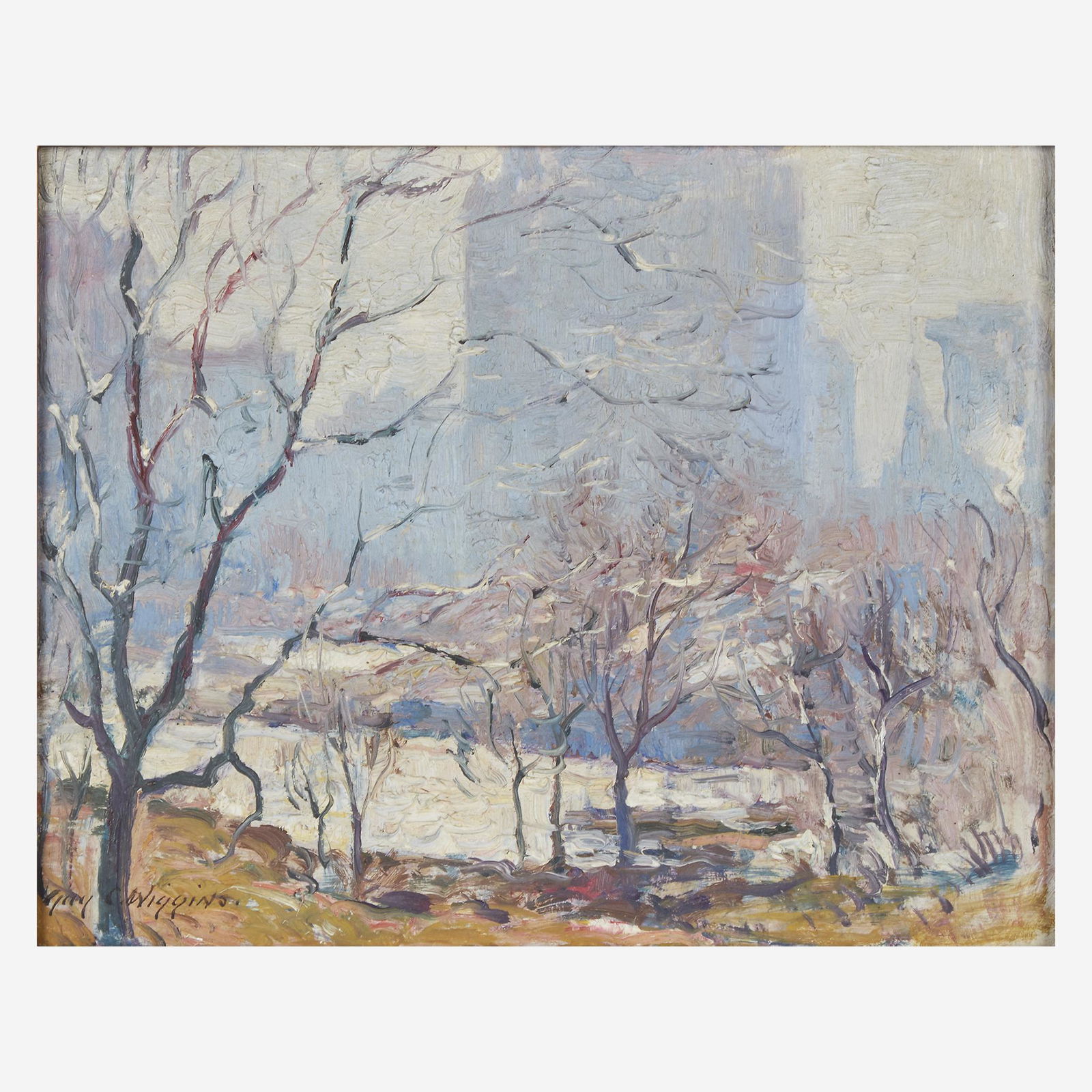 Guy Carleton Wiggins (American, 1883–1962), , Landscape: Guy Carleton Wiggins (American, 1883–1962)Landscape (View from Central Park)Signed 'Guy Wiggins.' bottom left; also with original preparer's label verso, oil on board8 x 10 in. (20.3 x 25.4cm)PROVEN