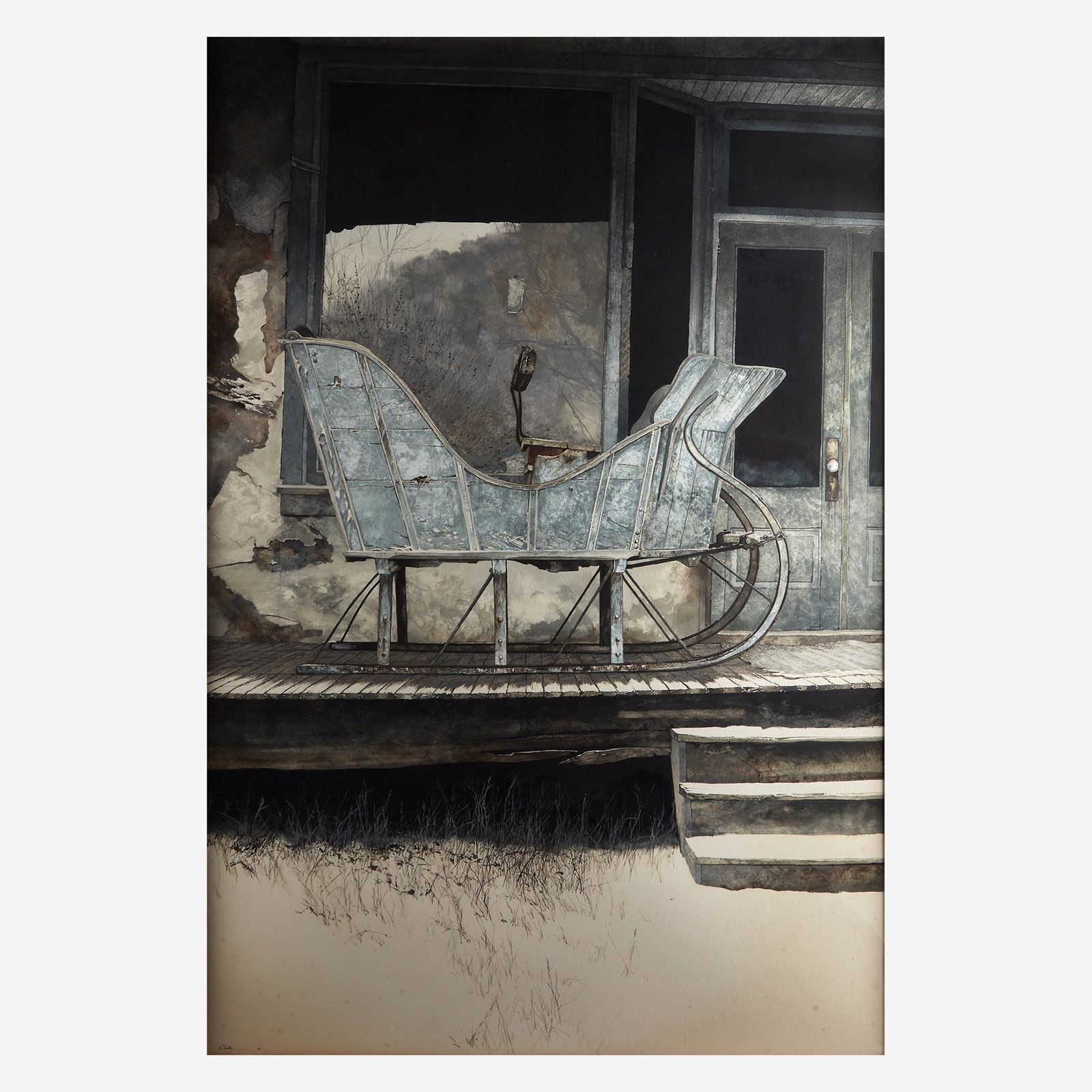 Peter Sculthorpe (American, born 1948), , The: Peter Sculthorpe (American, born 1948)The Abandonned SledSigned and copyrighted 'P Sculthorpe ©' bottom left, watercolor and drybrush on cream wove paperSheet size: 59 3/4 x 40 1/4 in. (151.8 x 102.2