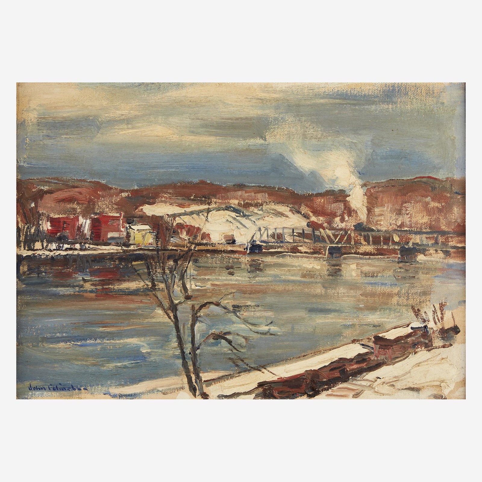John Fulton Folinsbee (American, 1892–1972), , The New: John Fulton Folinsbee (American, 1892–1972)The New Hope-Lambertville Bridge in Winter (Study for River Wall)Signed 'John Folinsbee' bottom left; also inscribed with title verso, oil on canvasboard10